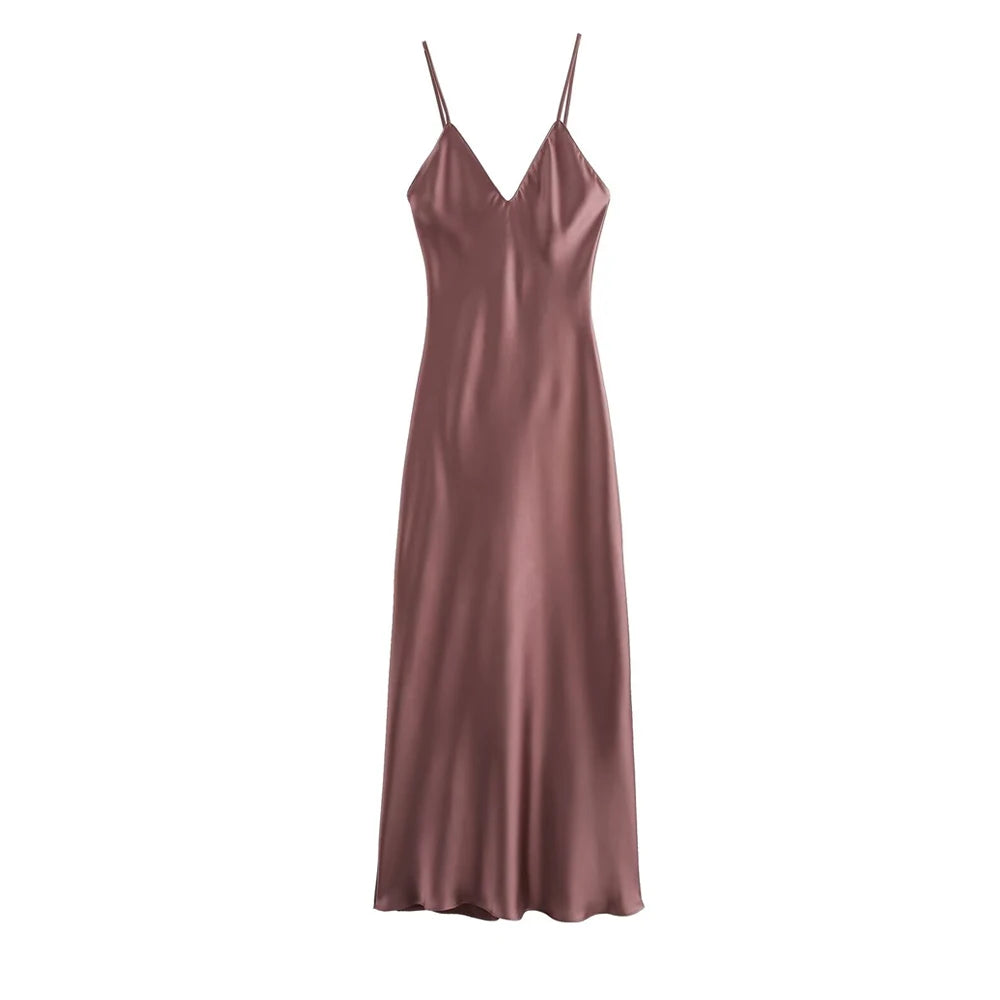 TRZA-Women's Satin Midi Dress, V Neck, Thin Straps, Backless, Female Dresses, Sexy Fashion
