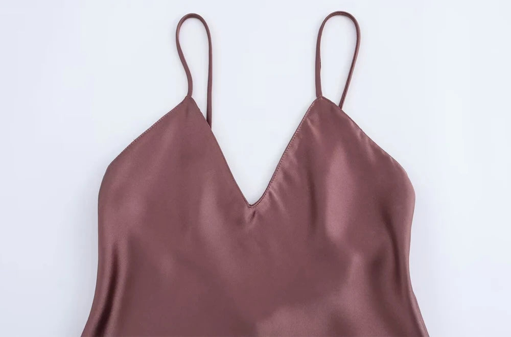 TRZA-Women's Satin Midi Dress, V Neck, Thin Straps, Backless, Female Dresses, Sexy Fashion