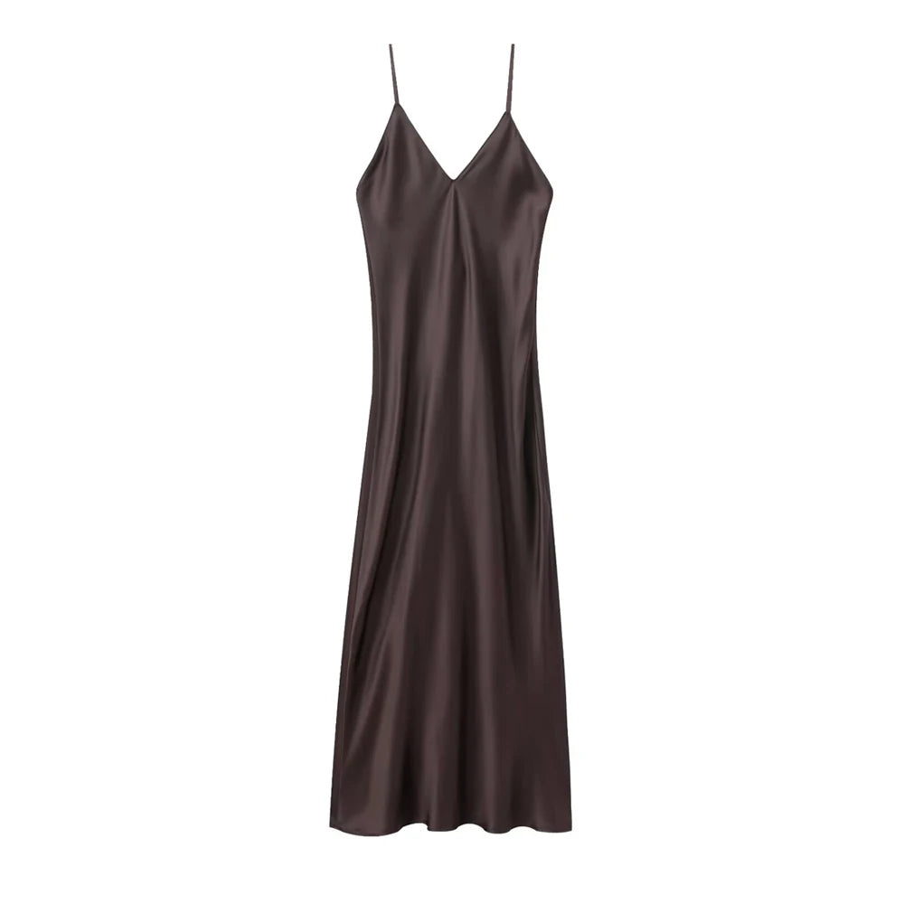 TRZA-Women's Satin Midi Dress, V Neck, Thin Straps, Backless, Female Dresses, Sexy Fashion