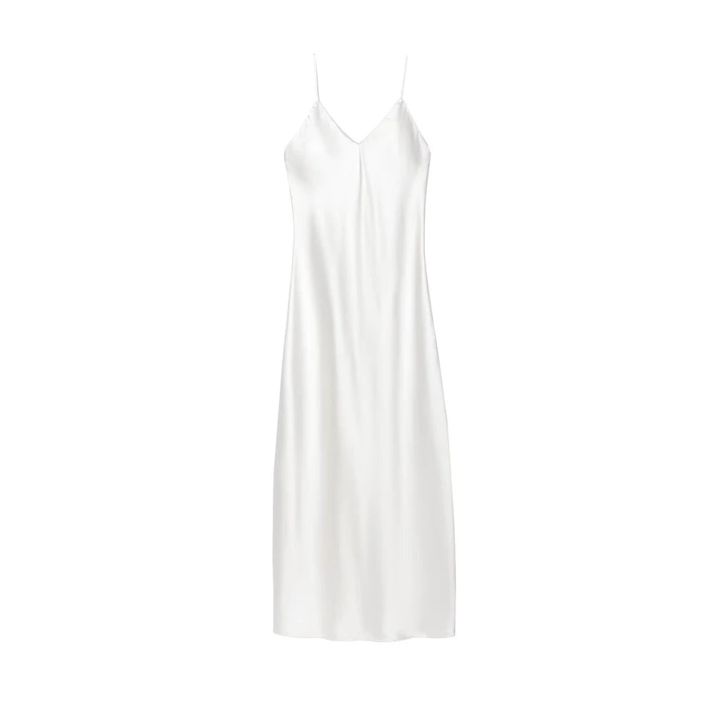 TRZA-Women's Satin Midi Dress, V Neck, Thin Straps, Backless, Female Dresses, Sexy Fashion