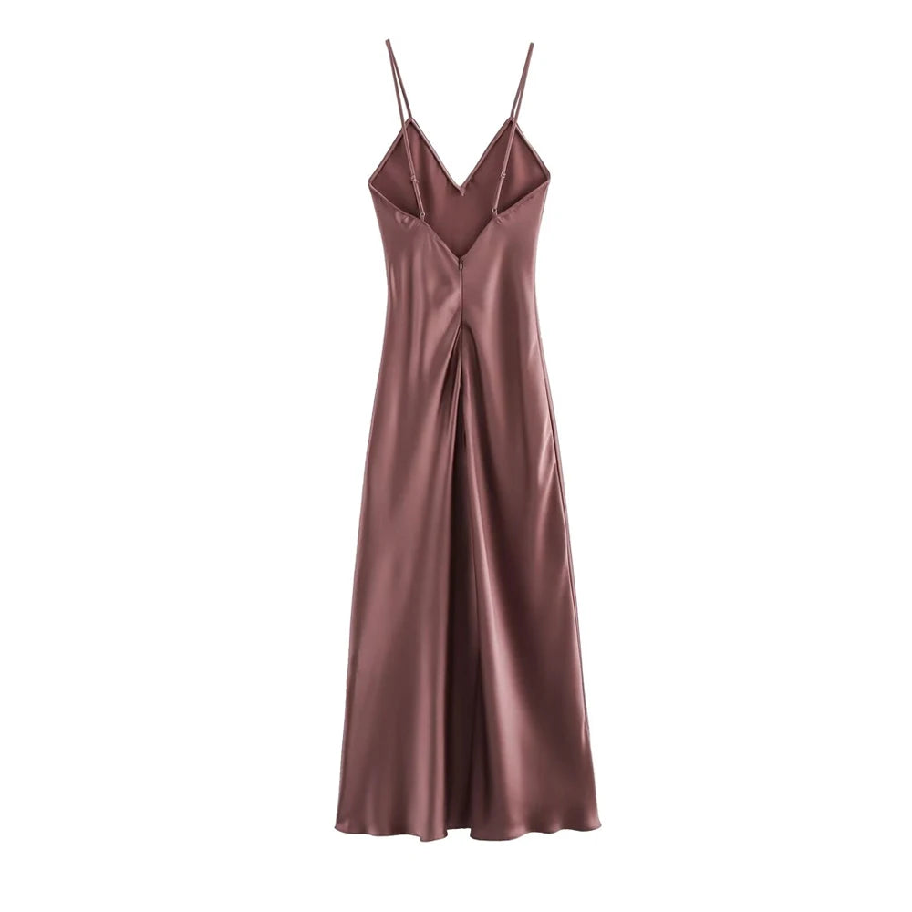 TRZA-Women's Satin Midi Dress, V Neck, Thin Straps, Backless, Female Dresses, Sexy Fashion