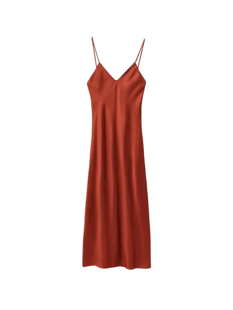 TRZA-Women's Satin Midi Dress, V Neck, Thin Straps, Backless, Female Dresses, Sexy Fashion