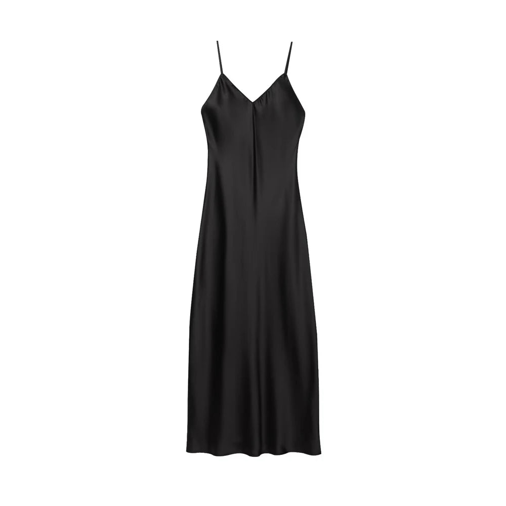 TRZA-Women's Satin Midi Dress, V Neck, Thin Straps, Backless, Female Dresses, Sexy Fashion