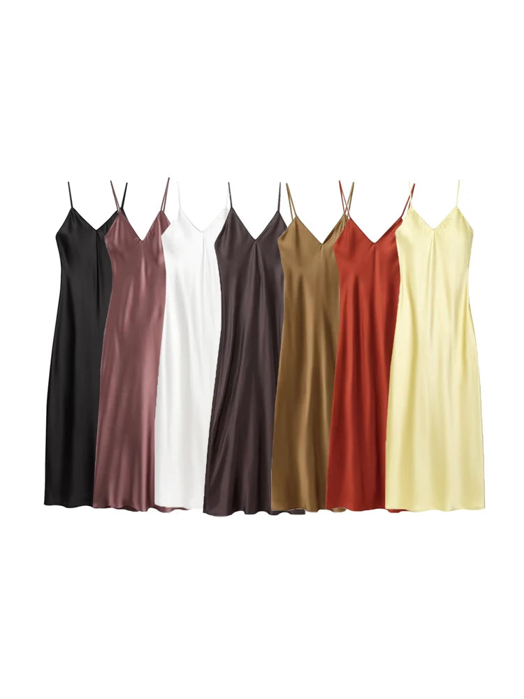 TRZA-Women's Satin Midi Dress, V Neck, Thin Straps, Backless, Female Dresses, Sexy Fashion
