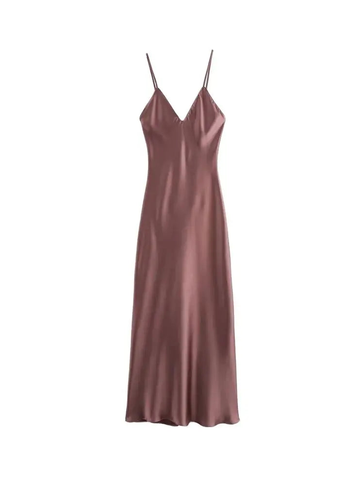 TRZA-Women's Satin Midi Dress, V Neck, Thin Straps, Backless, Female Dresses, Sexy Fashion