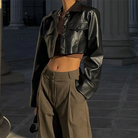 Women’s Faux Leather Cropped Jacket with Turn-Down Collar