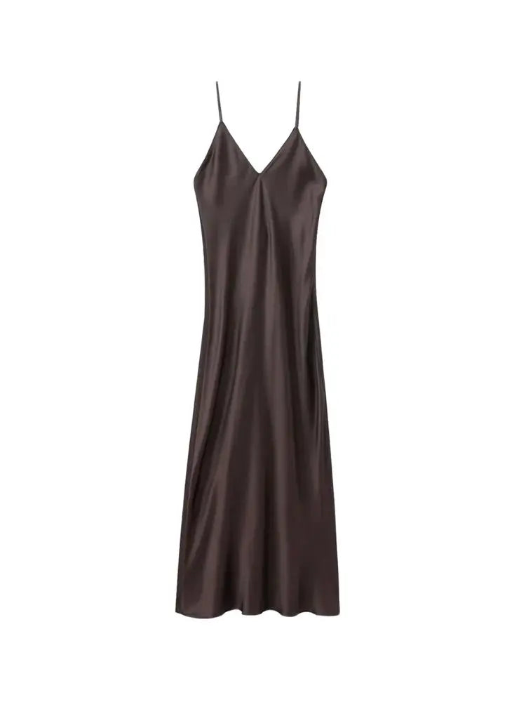 TRZA-Women's Satin Midi Dress, V Neck, Thin Straps, Backless, Female Dresses, Sexy Fashion