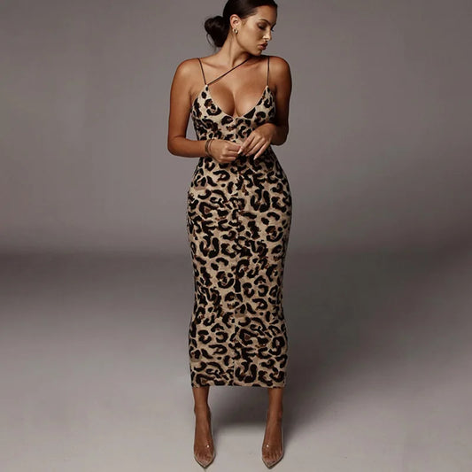 Women’s Leopard Print Bodycon Midi Dress with Spaghetti Straps