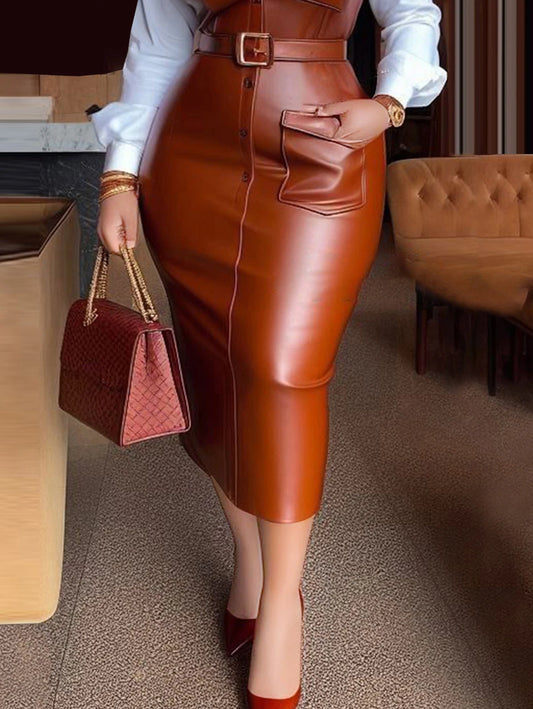 Women’s Belted PU Leather Patchwork Midi Dress with Lapel Collar