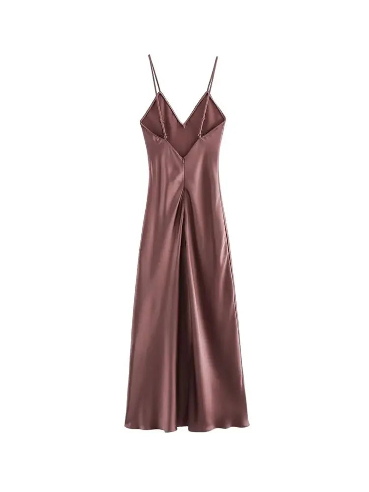 TRZA-Women's Satin Midi Dress, V Neck, Thin Straps, Backless, Female Dresses, Sexy Fashion
