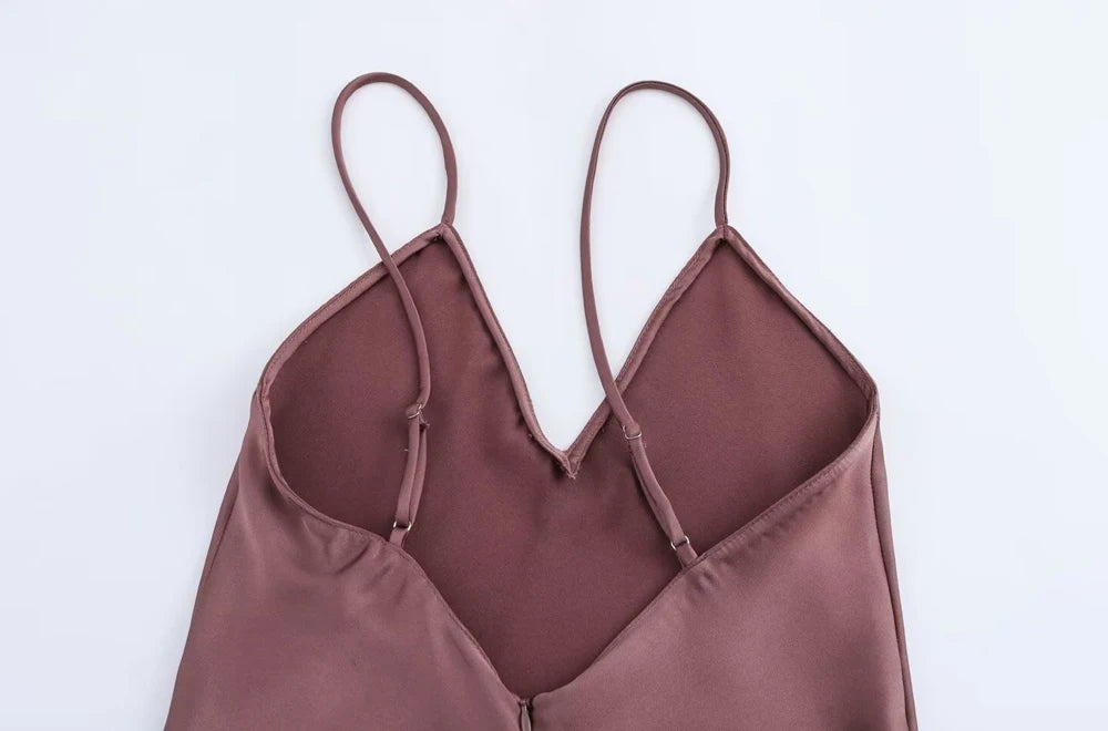 TRZA-Women's Satin Midi Dress, V Neck, Thin Straps, Backless, Female Dresses, Sexy Fashion