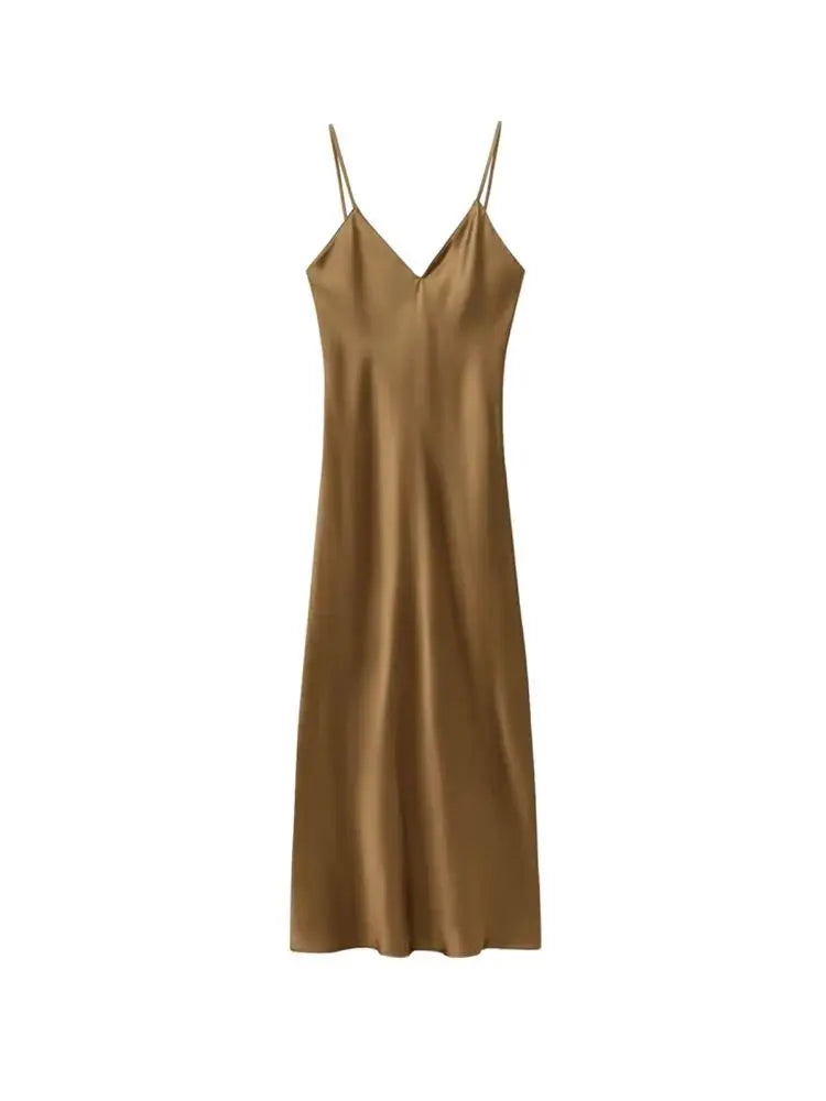 TRZA-Women's Satin Midi Dress, V Neck, Thin Straps, Backless, Female Dresses, Sexy Fashion