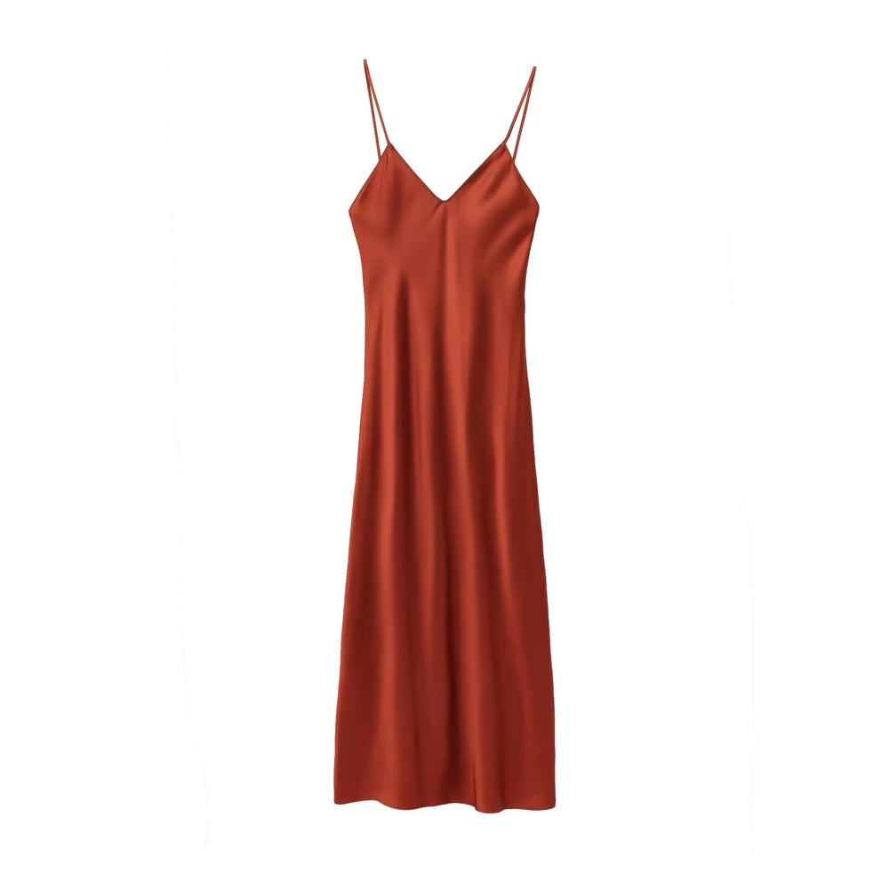 TRZA-Women's Satin Midi Dress, V Neck, Thin Straps, Backless, Female Dresses, Sexy Fashion