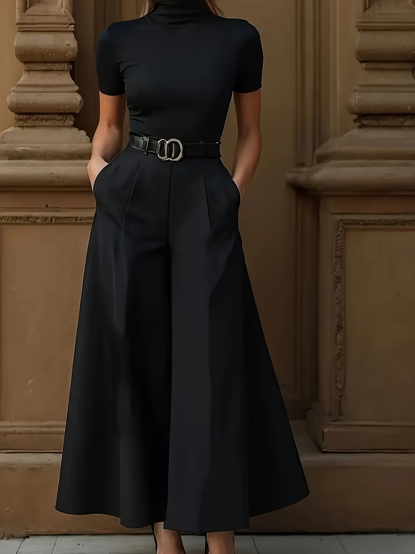 Women’s Elegant Wide-Leg Trousers – Tailored Black Woven Pants for Formal & Professional Wear