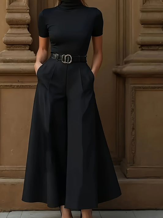 Women’s Elegant Wide-Leg Trousers – Tailored Black Woven Pants for Formal & Professional Wear