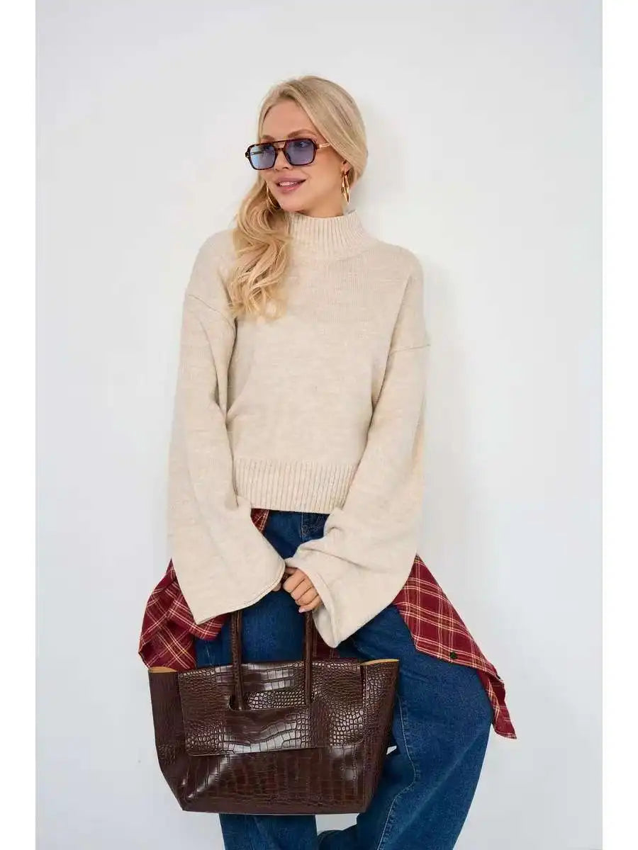 Women’s Turtleneck Knitted Sweater with Flare Sleeves