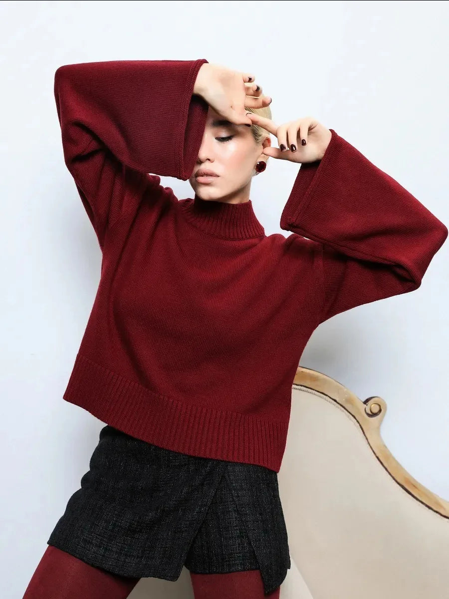 Women’s Turtleneck Knitted Sweater with Flare Sleeves