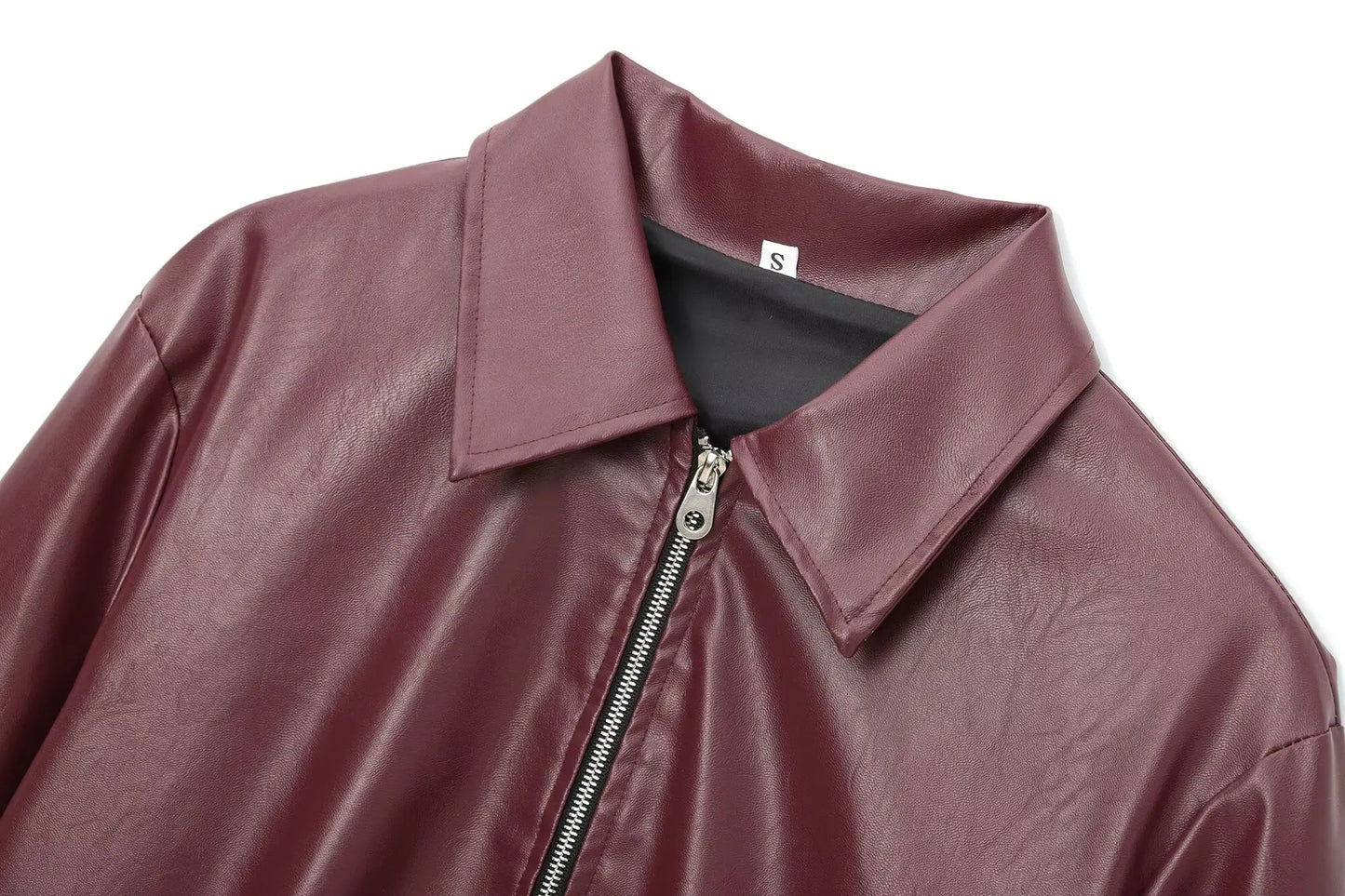 Women’s Wine Red Faux Leather Jacket with Zipper and Lapel Collar