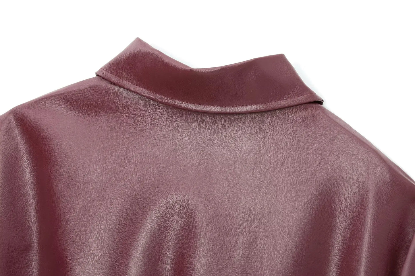 Women’s Wine Red Faux Leather Jacket with Zipper and Lapel Collar