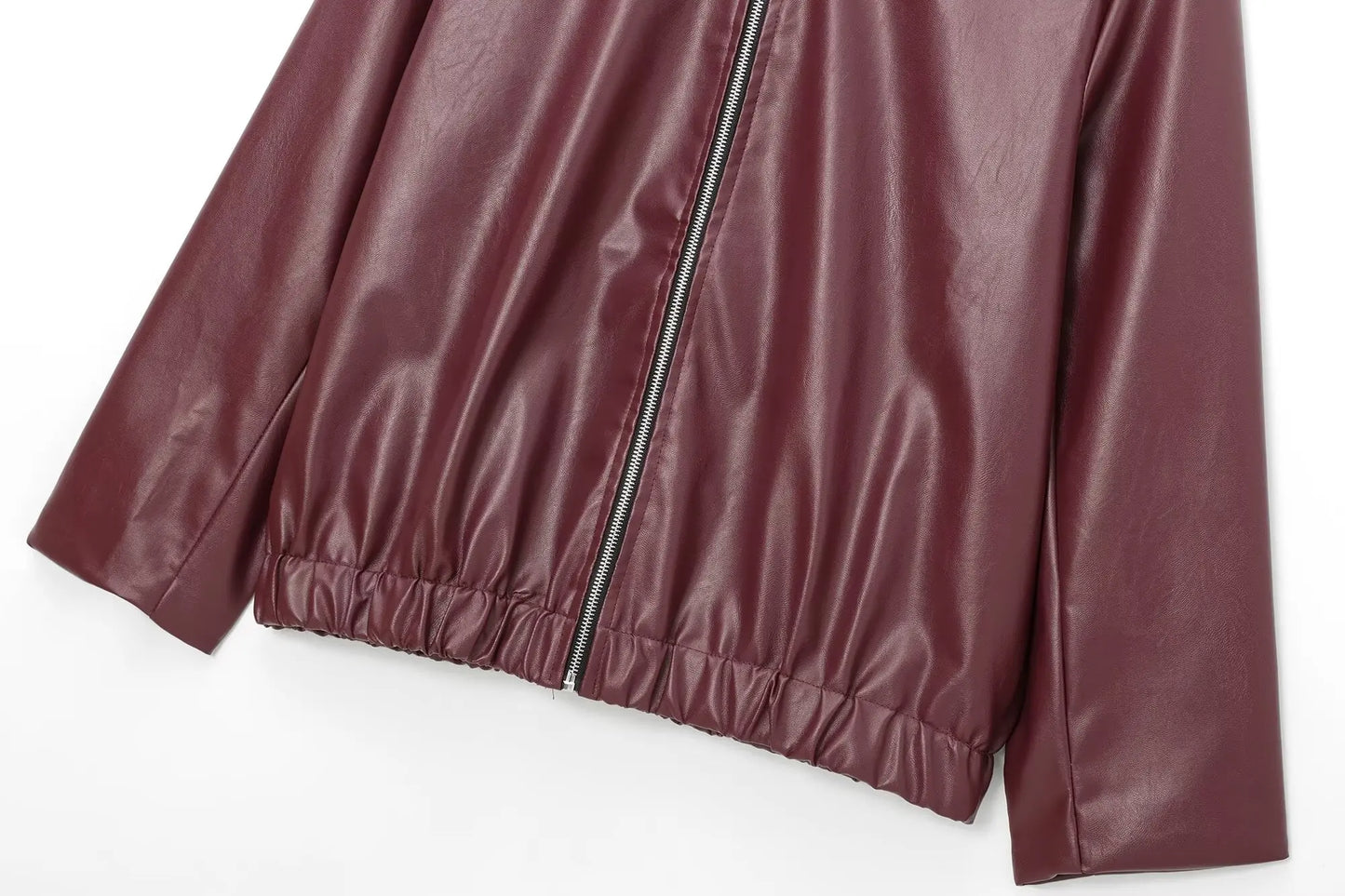 Women’s Wine Red Faux Leather Jacket with Zipper and Lapel Collar