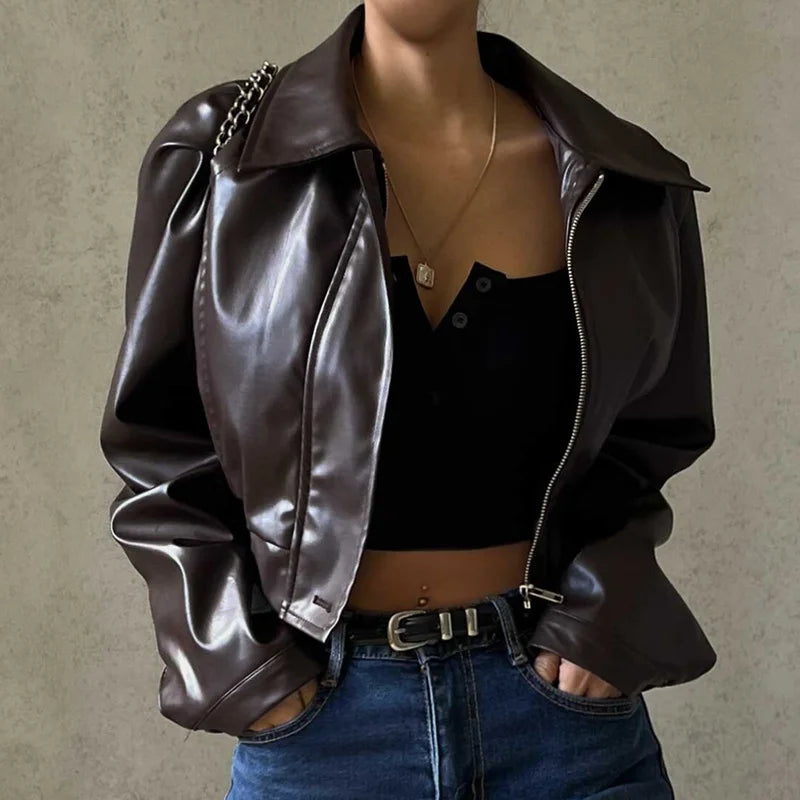 Women’s Faux Leather Cropped Jacket with Turn-Down Collar