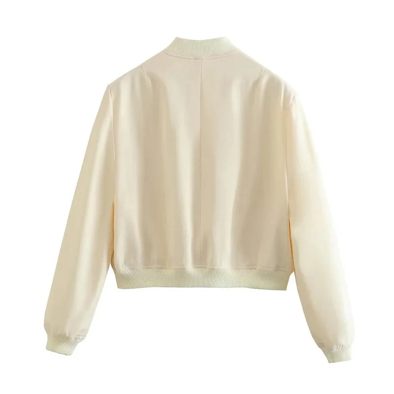 Women’s White Bomber Jacket with Button Closure