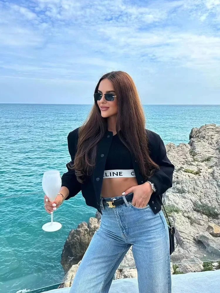 Women’s White Bomber Jacket with Button Closure