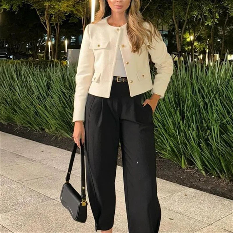 Women’s Cropped Tweed Jacket with Button Closure