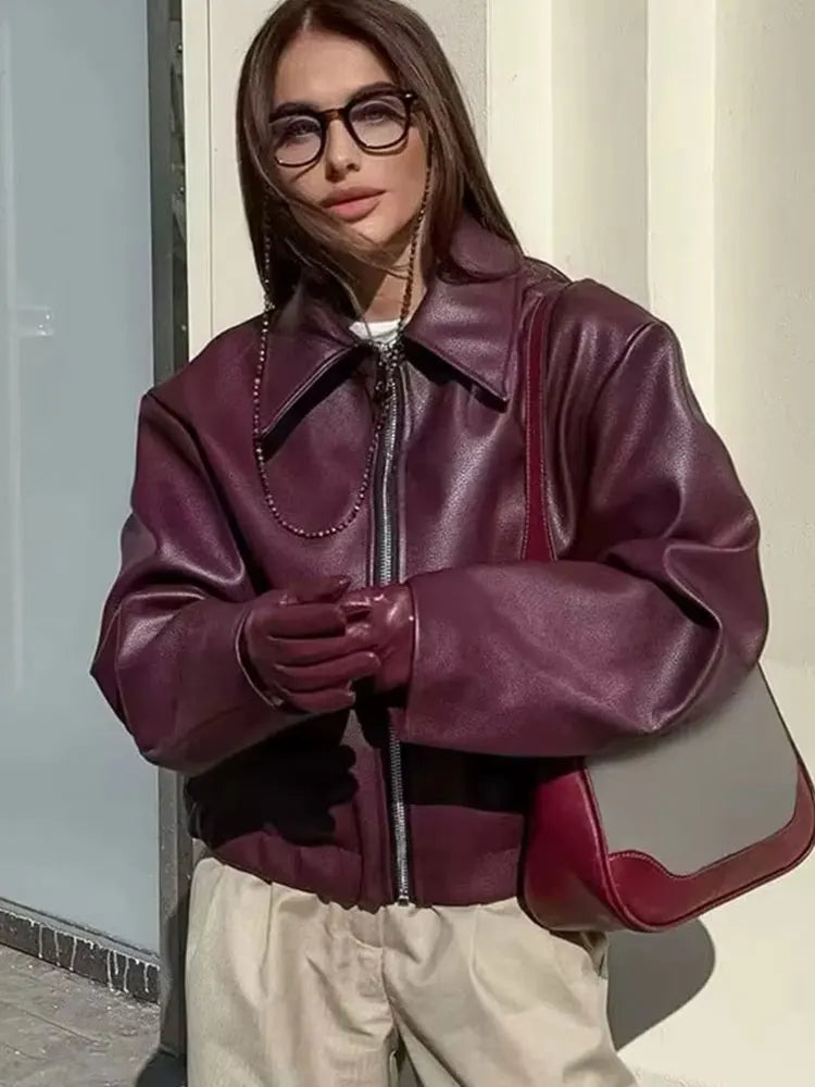 Women’s Wine Red Faux Leather Jacket with Zipper and Lapel Collar