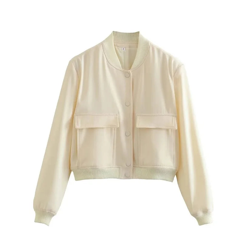 Women’s White Bomber Jacket with Button Closure
