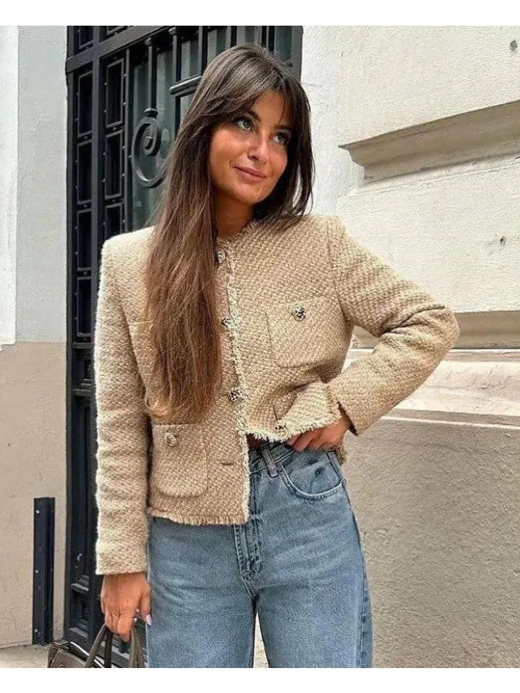 Women’s Tweed Wool-Blend Jacket with Front Buttons