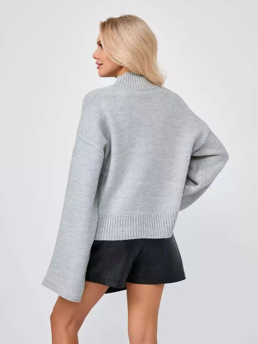 Women’s Turtleneck Knitted Sweater with Flare Sleeves