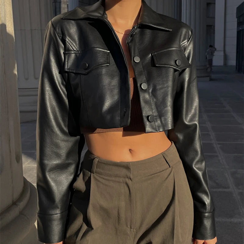 Women’s Faux Leather Cropped Jacket with Turn-Down Collar
