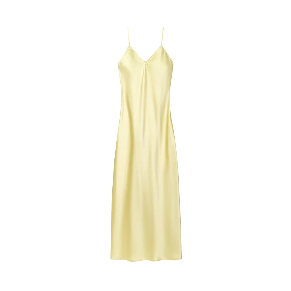 TRZA-Women's Satin Midi Dress, V Neck, Thin Straps, Backless, Female Dresses, Sexy Fashion