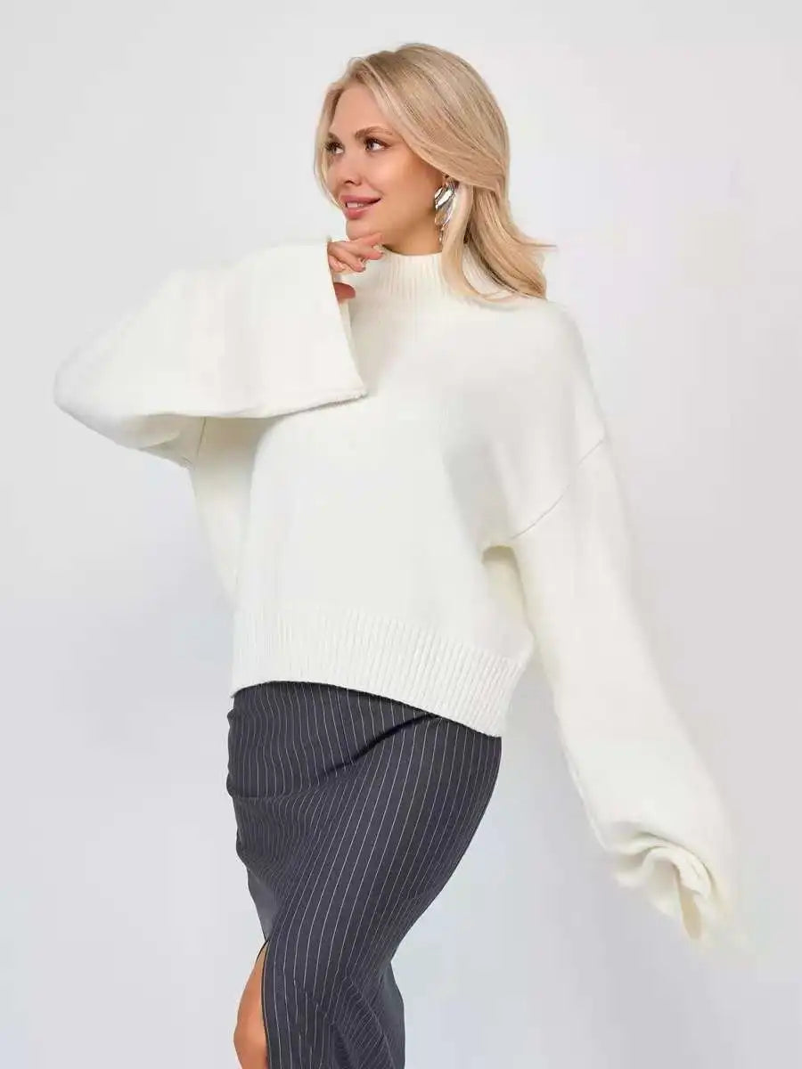 Women’s Turtleneck Knitted Sweater with Flare Sleeves