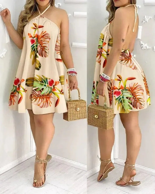 Women’s Tropical Print Halter Mini Dress
