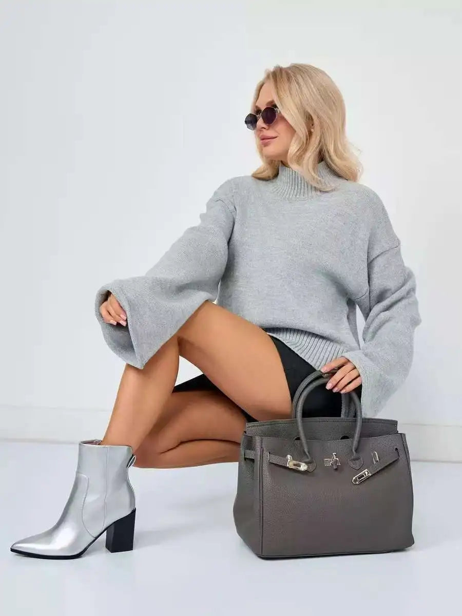 Women’s Turtleneck Knitted Sweater with Flare Sleeves