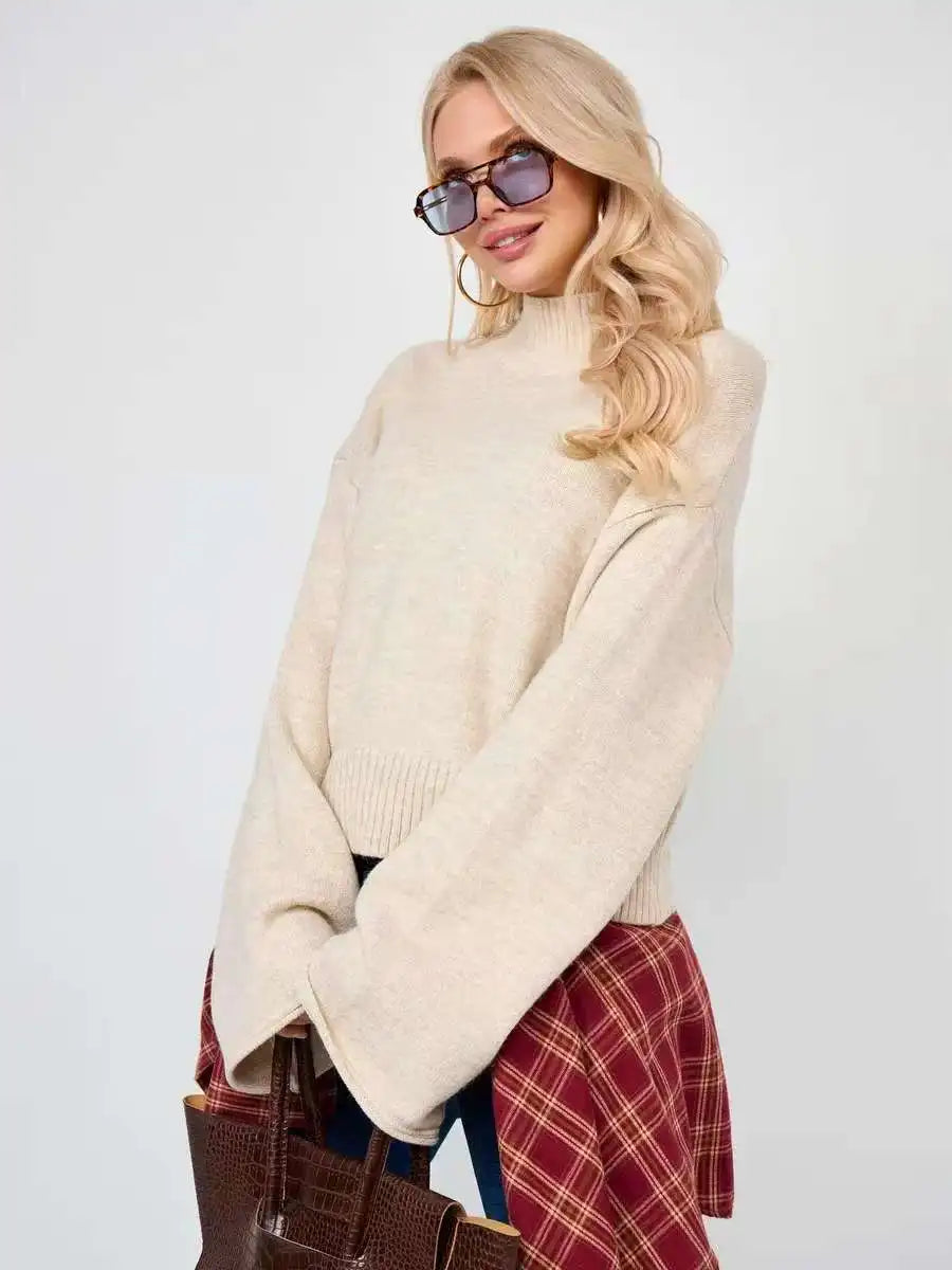 Women’s Turtleneck Knitted Sweater with Flare Sleeves