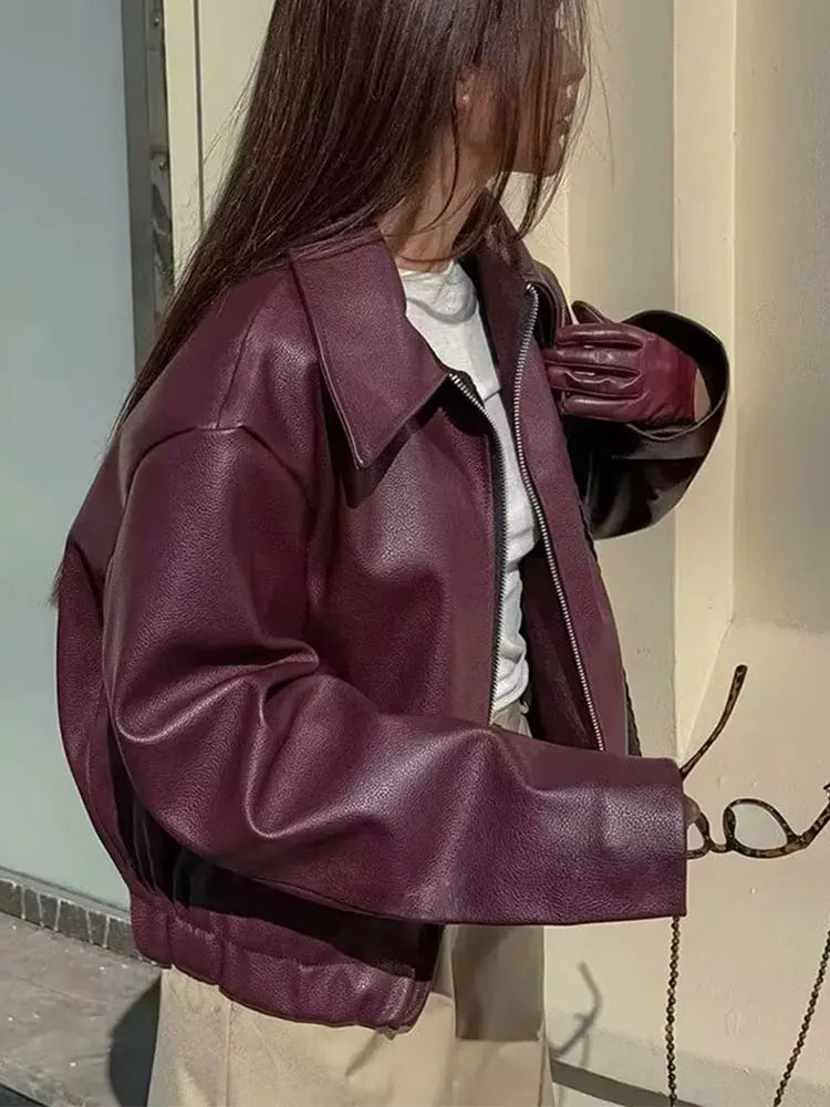 Women’s Wine Red Faux Leather Jacket with Zipper and Lapel Collar