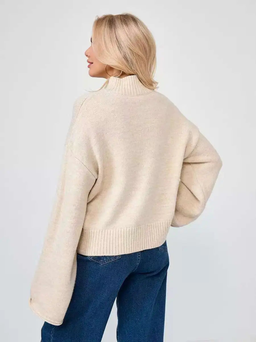 Women’s Turtleneck Knitted Sweater with Flare Sleeves