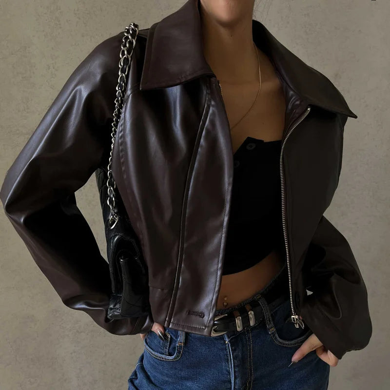 Women’s Faux Leather Cropped Jacket with Turn-Down Collar