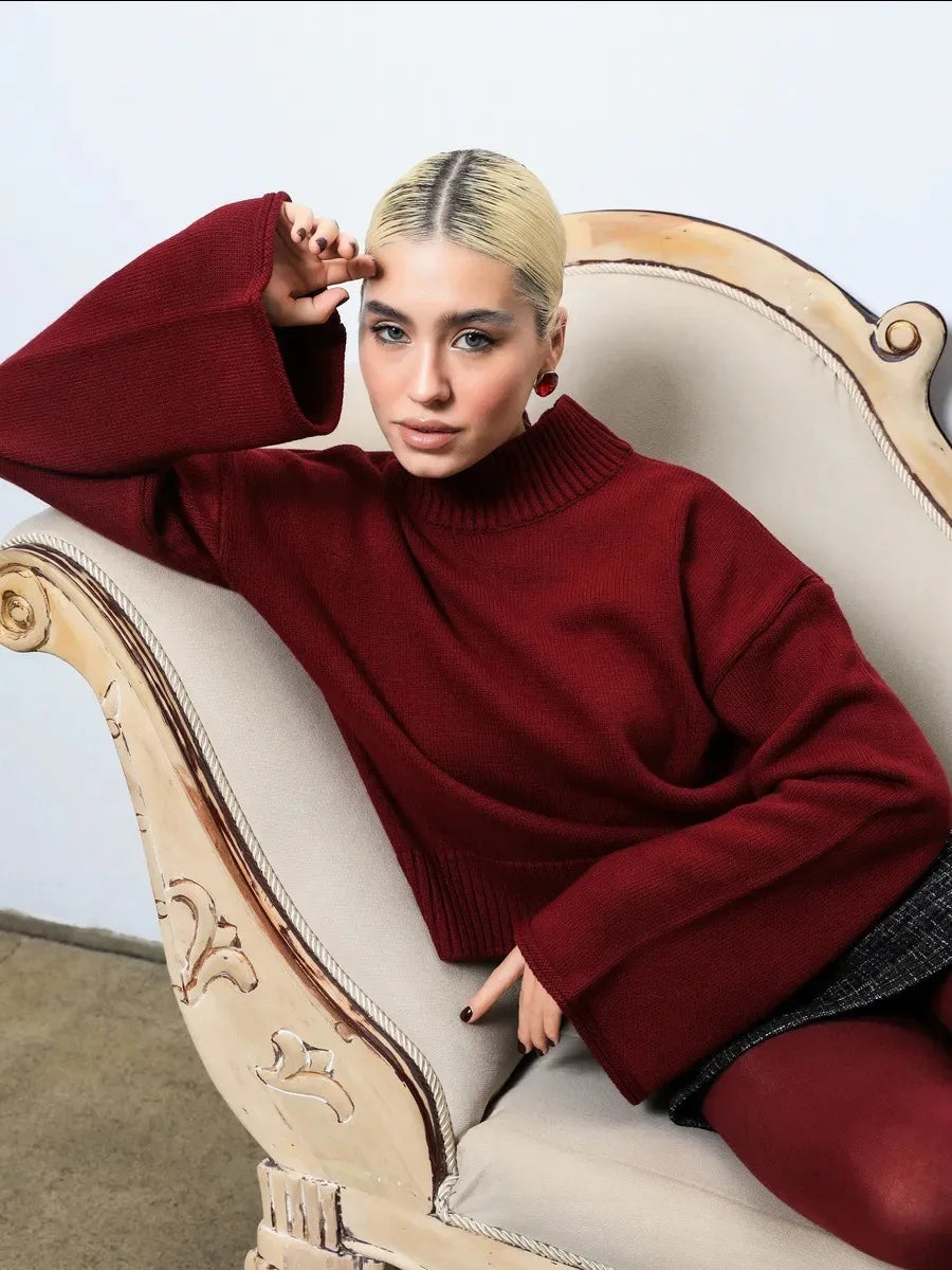 Women’s Turtleneck Knitted Sweater with Flare Sleeves