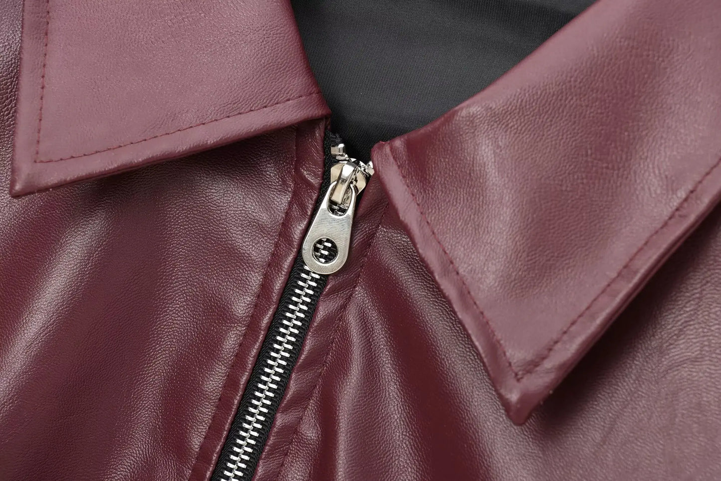 Women’s Wine Red Faux Leather Jacket with Zipper and Lapel Collar