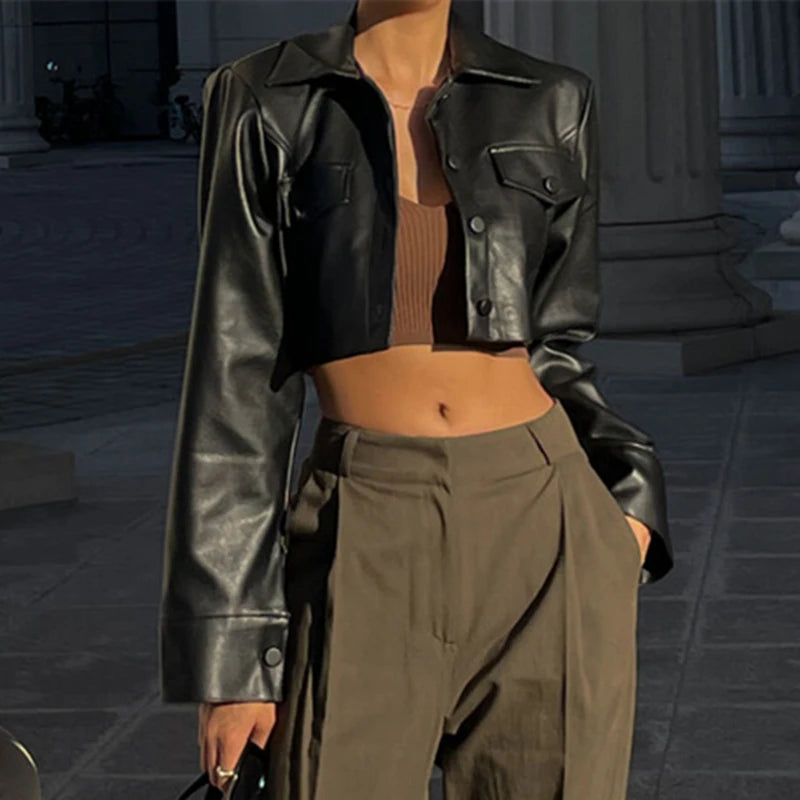Women’s Faux Leather Cropped Jacket with Turn-Down Collar