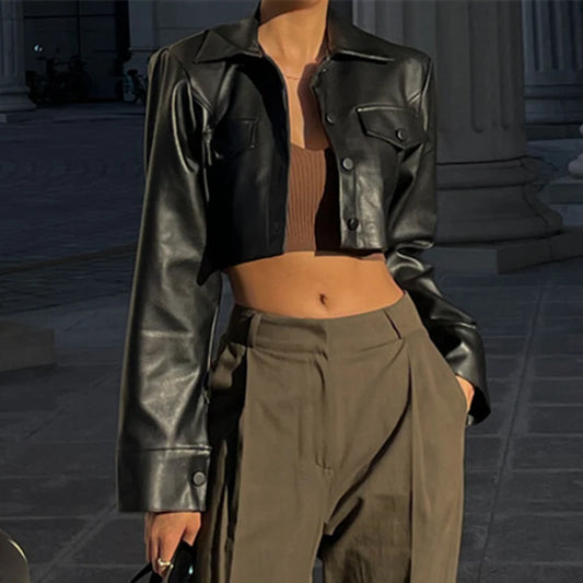 Women’s Faux Leather Cropped Jacket with Turn-Down Collar