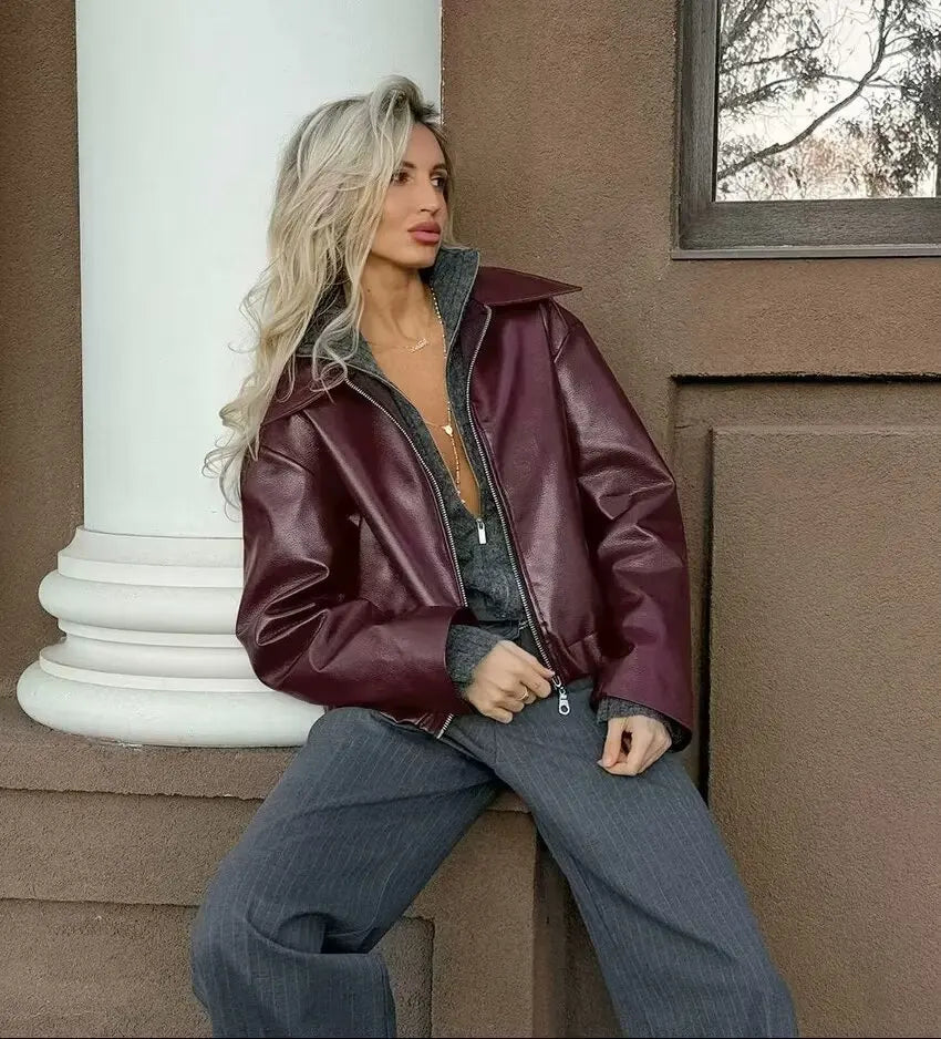 Women’s Wine Red Faux Leather Jacket with Zipper and Lapel Collar