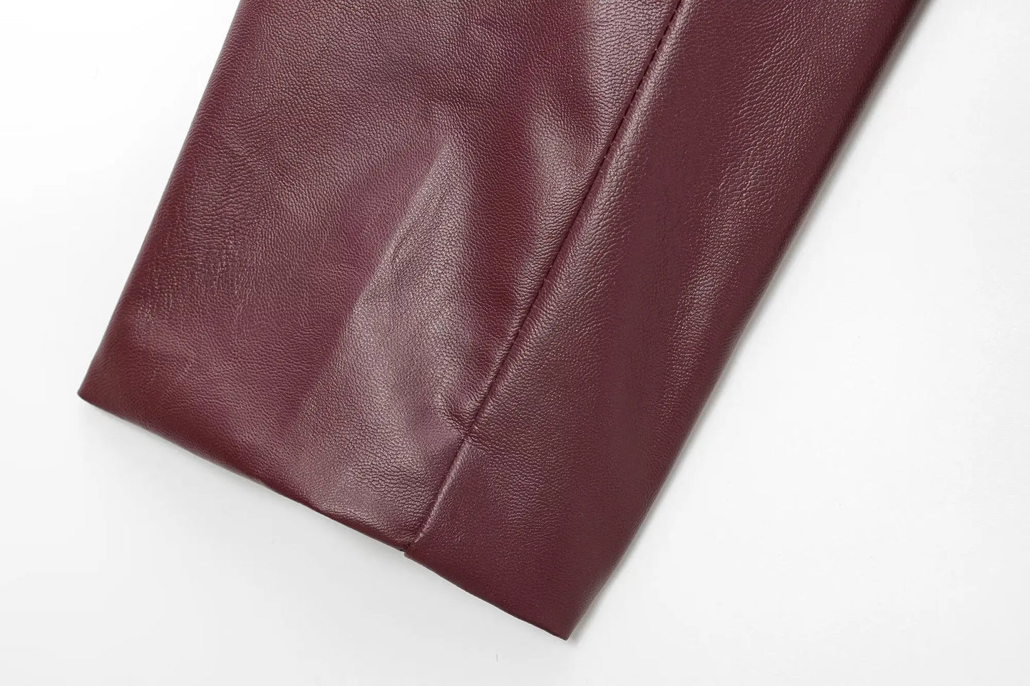 Women’s Wine Red Faux Leather Jacket with Zipper and Lapel Collar