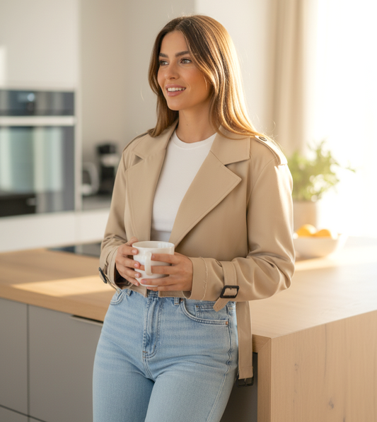 Women’s Cropped Double-Breasted Trench Jacket with Belt – Vintage Streetwear Style