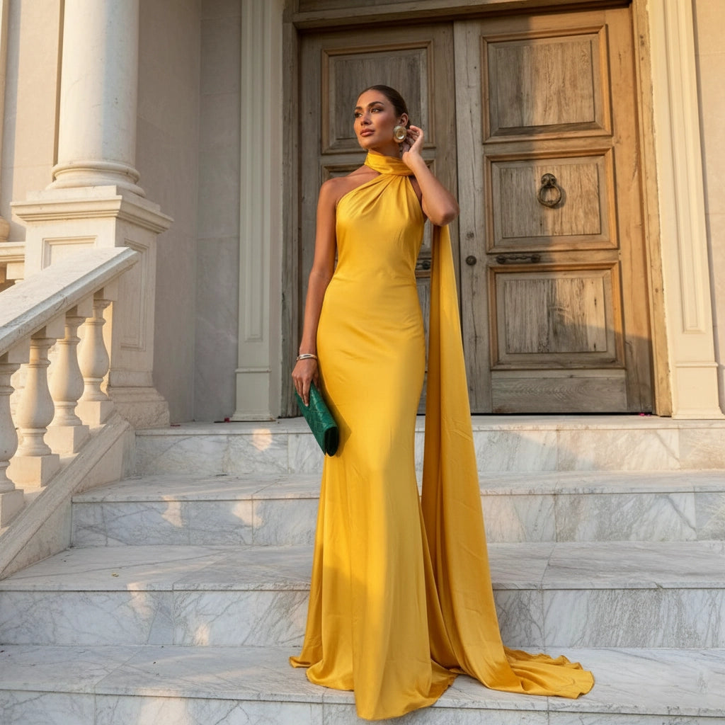 Women’s Satin Halter Backless Maxi Dress