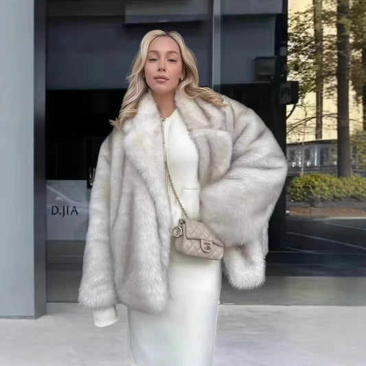 Women’s Gradient Faux Fur Coat with Turn-Down Collar